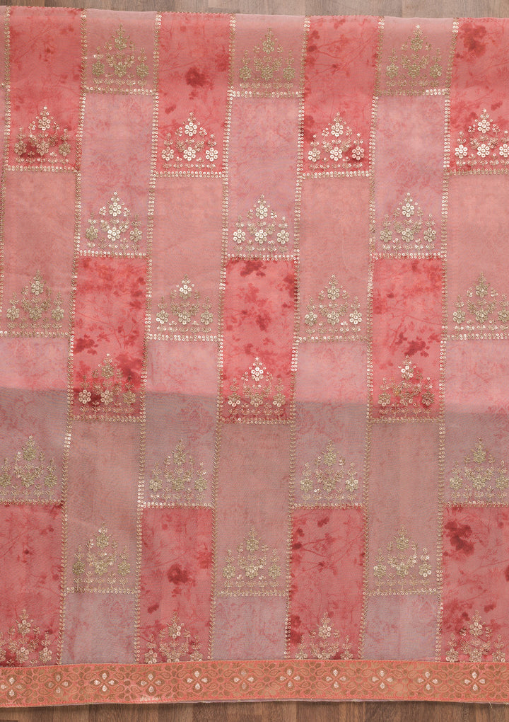 Peach Organza Silver Zardozi Work Unstitched Dress Material With Matching Bottom And Dupatta