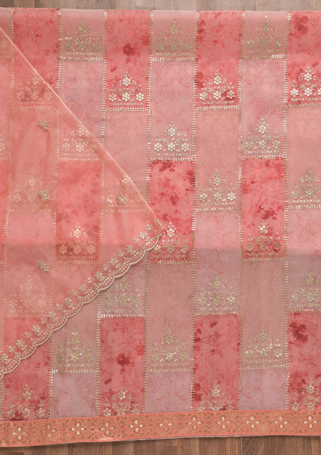 Peach Organza Silver Zardozi Work Unstitched Dress Material With Matching Bottom And Dupatta