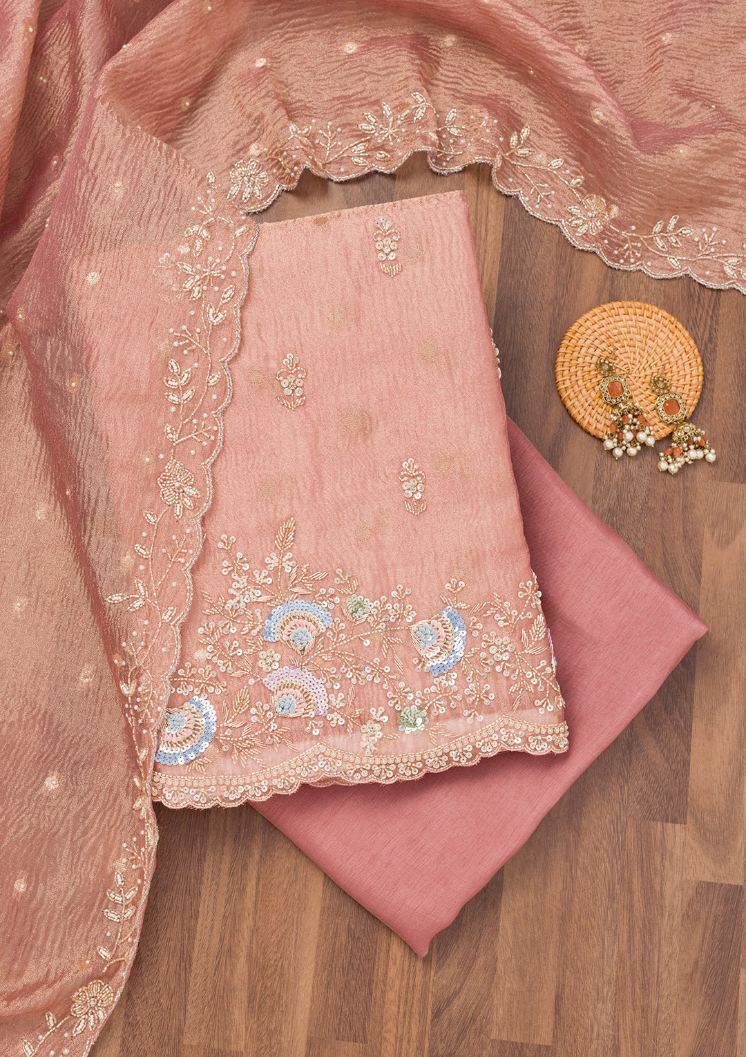 Peach Sequins Tissue Unstitched Salwar Suit