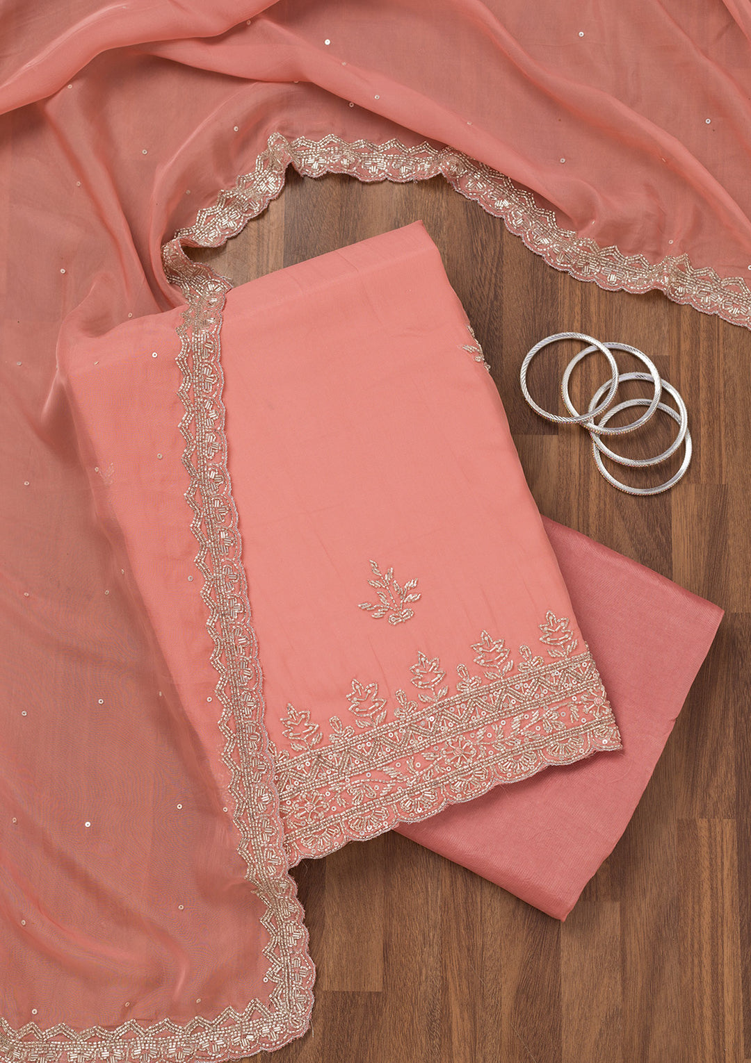 Peach Tissue Silver Stonework Unstitched Dress Material With Matching Bottom And Dupatta