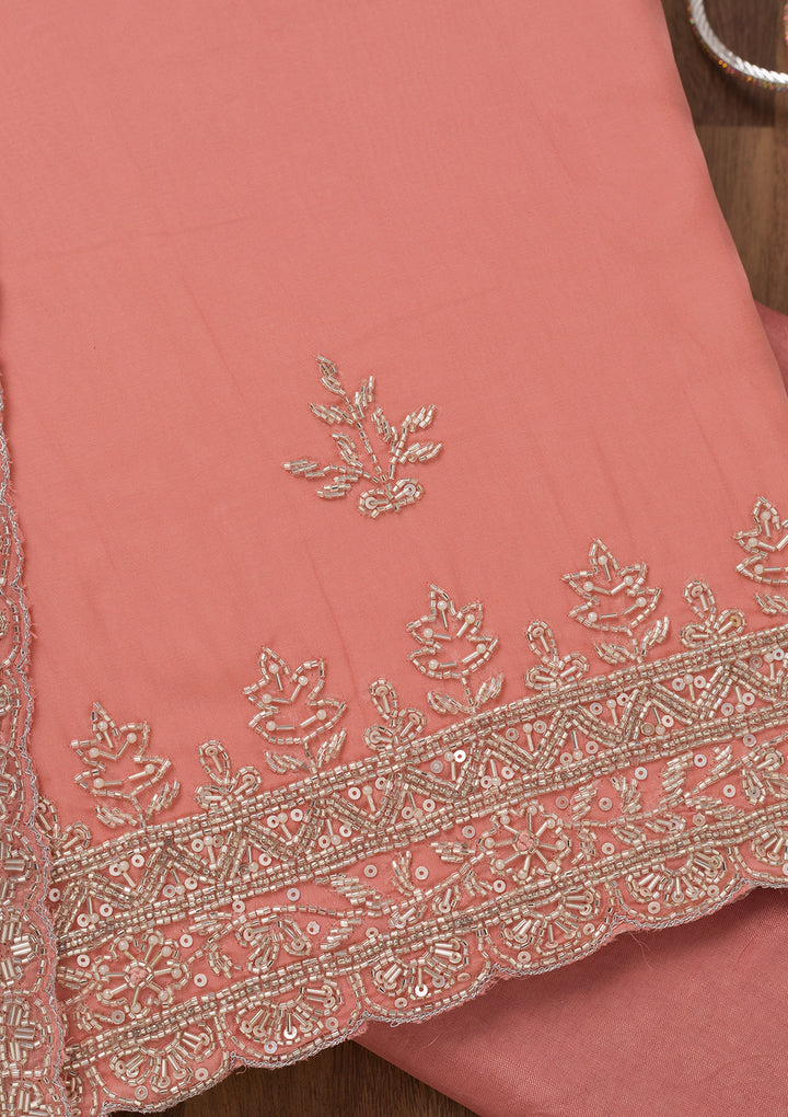 Peach Tissue Silver Stonework Unstitched Dress Material With Matching Bottom And Dupatta