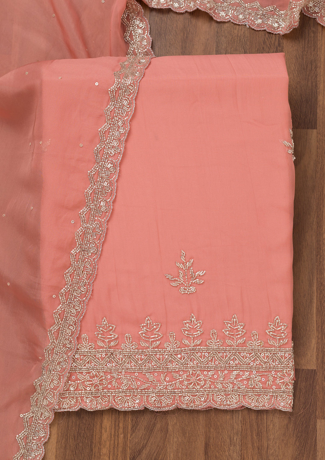 Peach Tissue Silver Stonework Unstitched Dress Material With Matching Bottom And Dupatta
