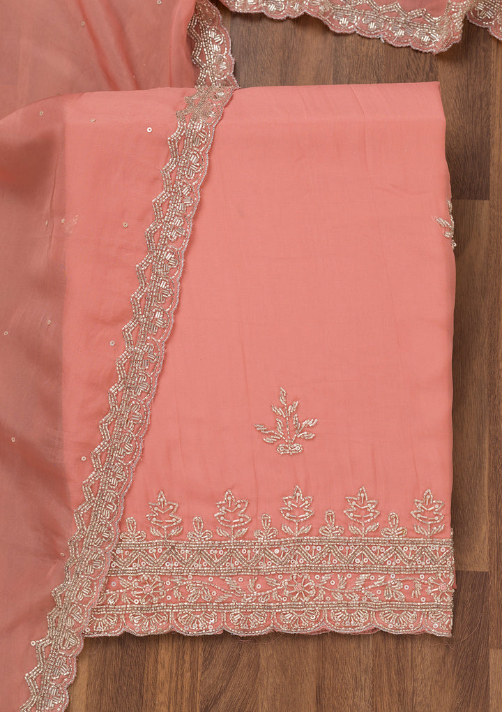 Peach Tissue Silver Stonework Unstitched Dress Material With Matching Bottom And Dupatta