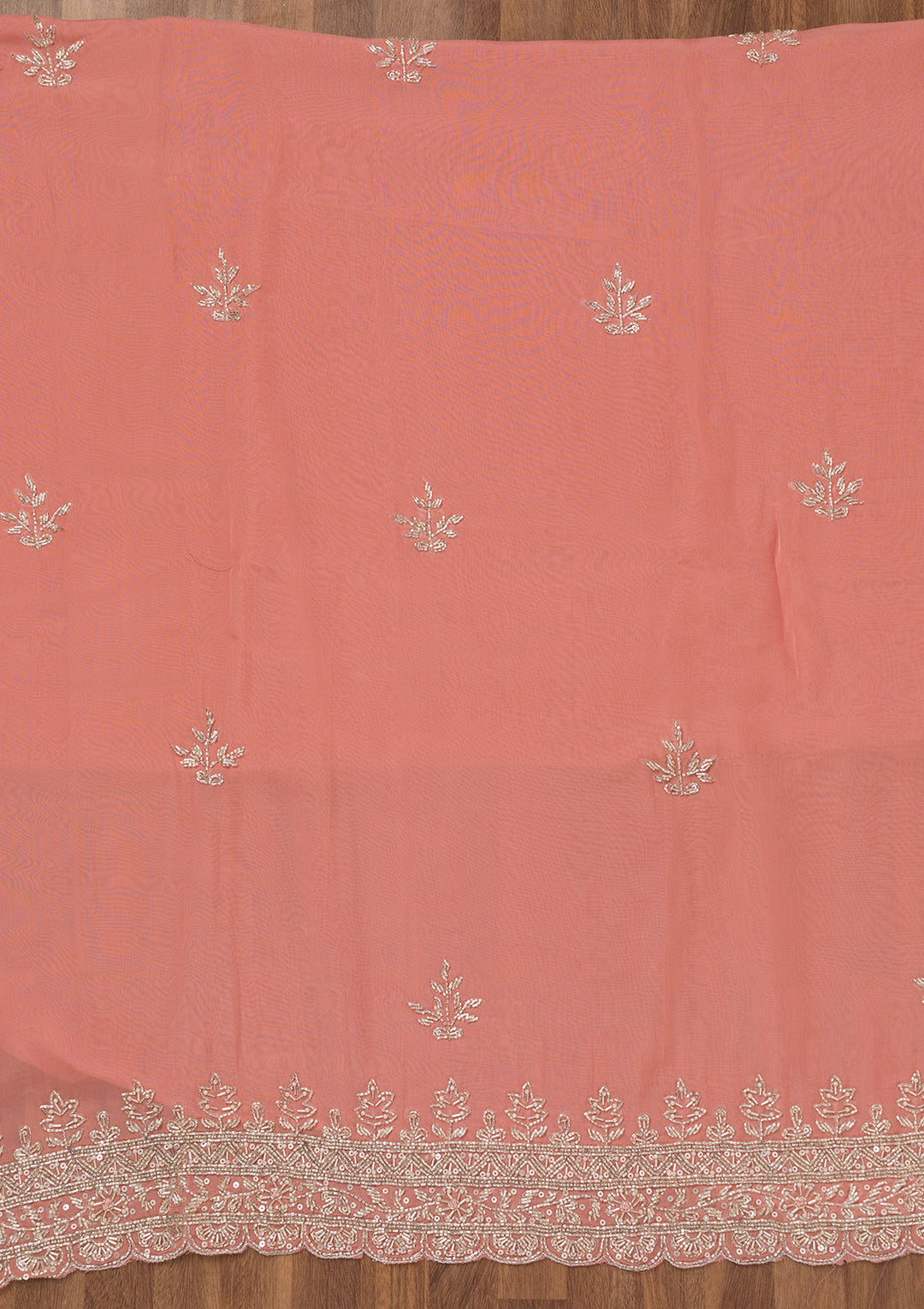 Peach Tissue Silver Stonework Unstitched Dress Material With Matching Bottom And Dupatta