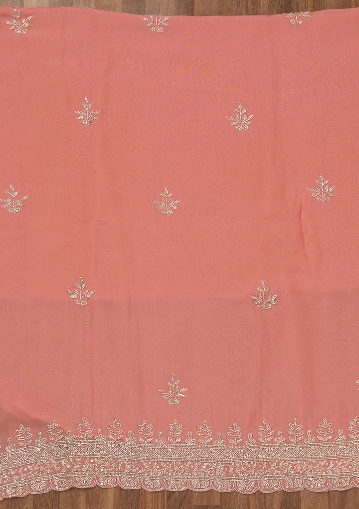 Peach Tissue Silver Stonework Unstitched Dress Material With Matching Bottom And Dupatta