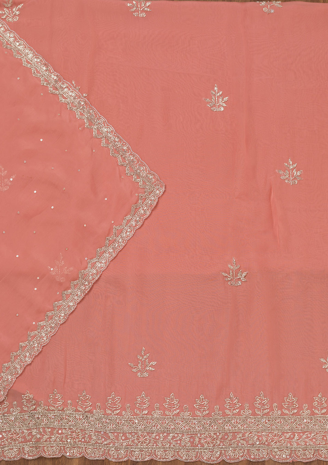 Peach Tissue Silver Stonework Unstitched Dress Material With Matching Bottom And Dupatta