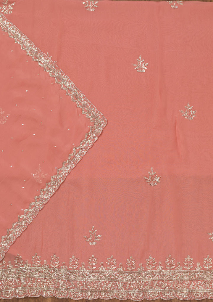 Peach Tissue Silver Stonework Unstitched Dress Material With Matching Bottom And Dupatta