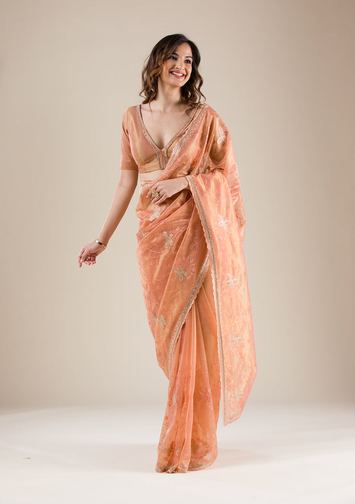 Rust Organza Gold Stonework Saree With Matching Blouse Piece