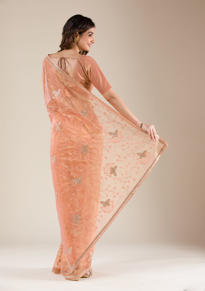 Rust Organza Gold Stonework Saree With Matching Blouse Piece