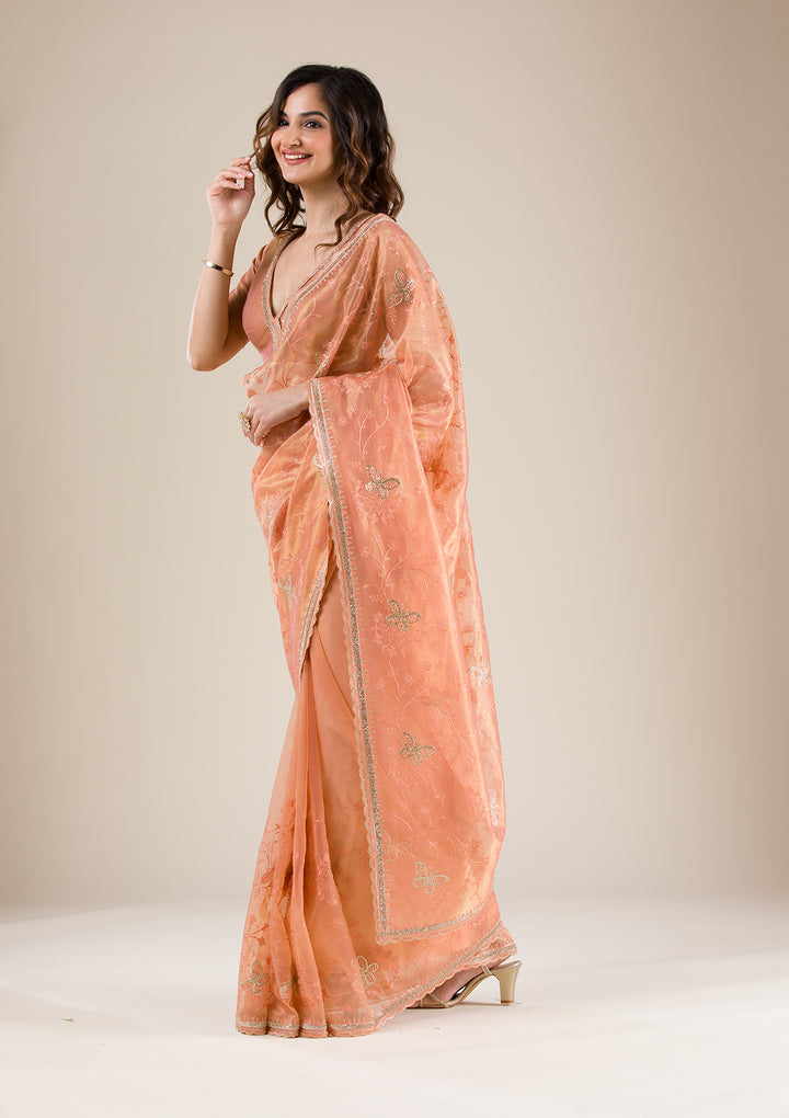 Rust Organza Gold Stonework Saree With Matching Blouse Piece