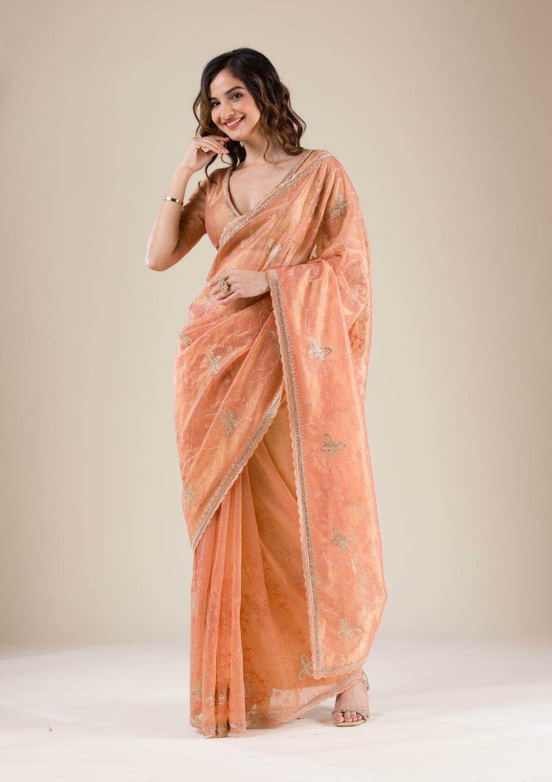 Rust Organza Gold Stonework Saree With Matching Blouse Piece