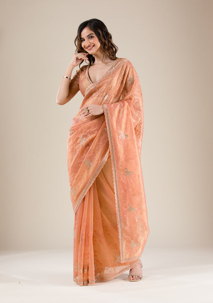 Rust Organza Gold Stonework Saree With Matching Blouse Piece