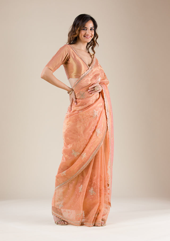 Rust Organza Gold Stonework Saree With Matching Blouse Piece