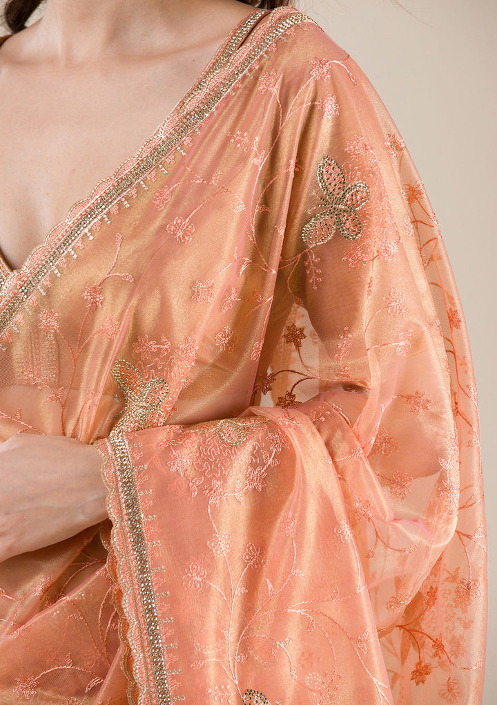 Rust Organza Gold Stonework Saree With Matching Blouse Piece