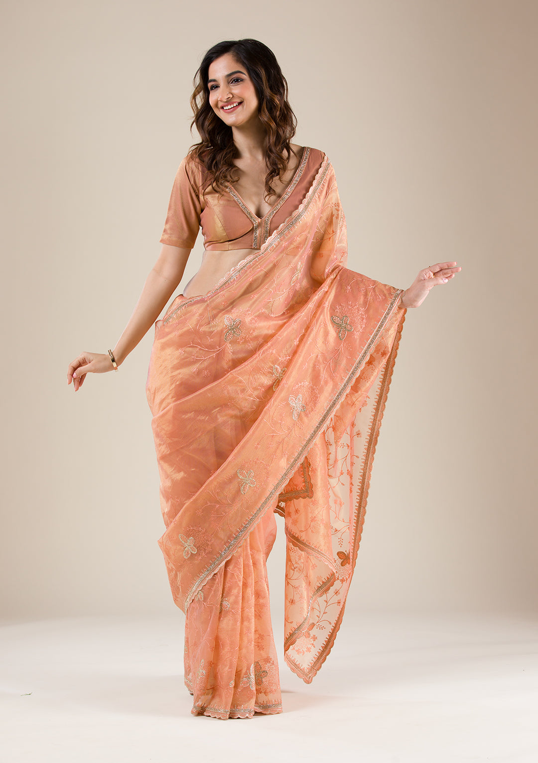 Rust Organza Gold Stonework Saree With Matching Blouse Piece