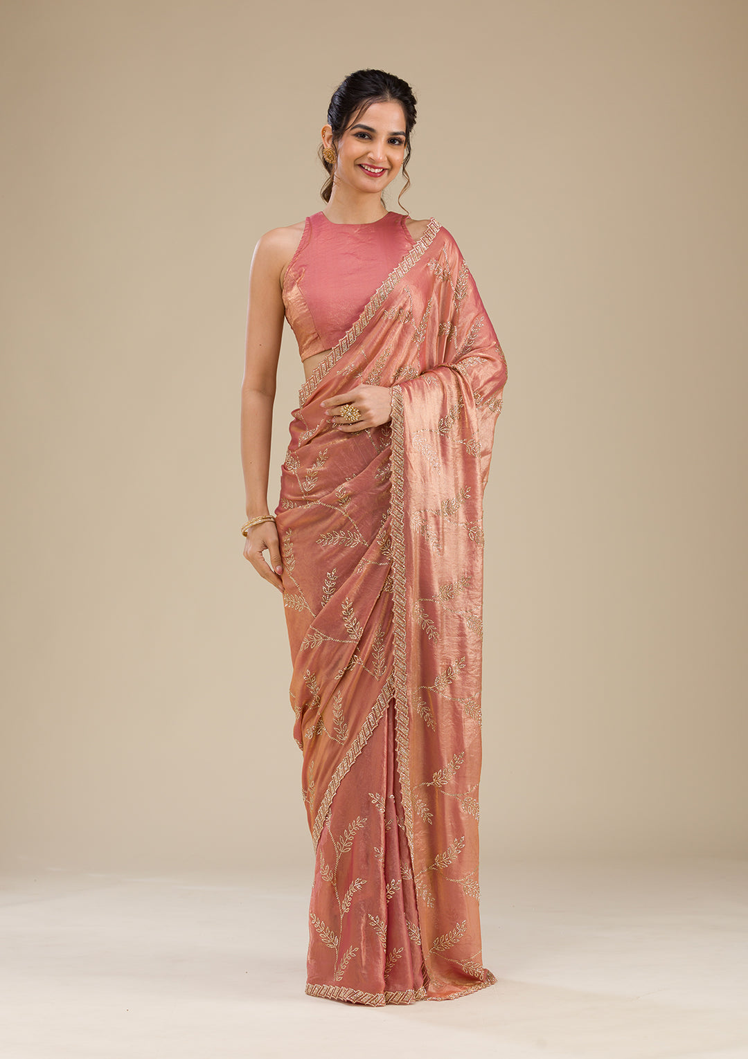 Peach Stonework Tissue Saree