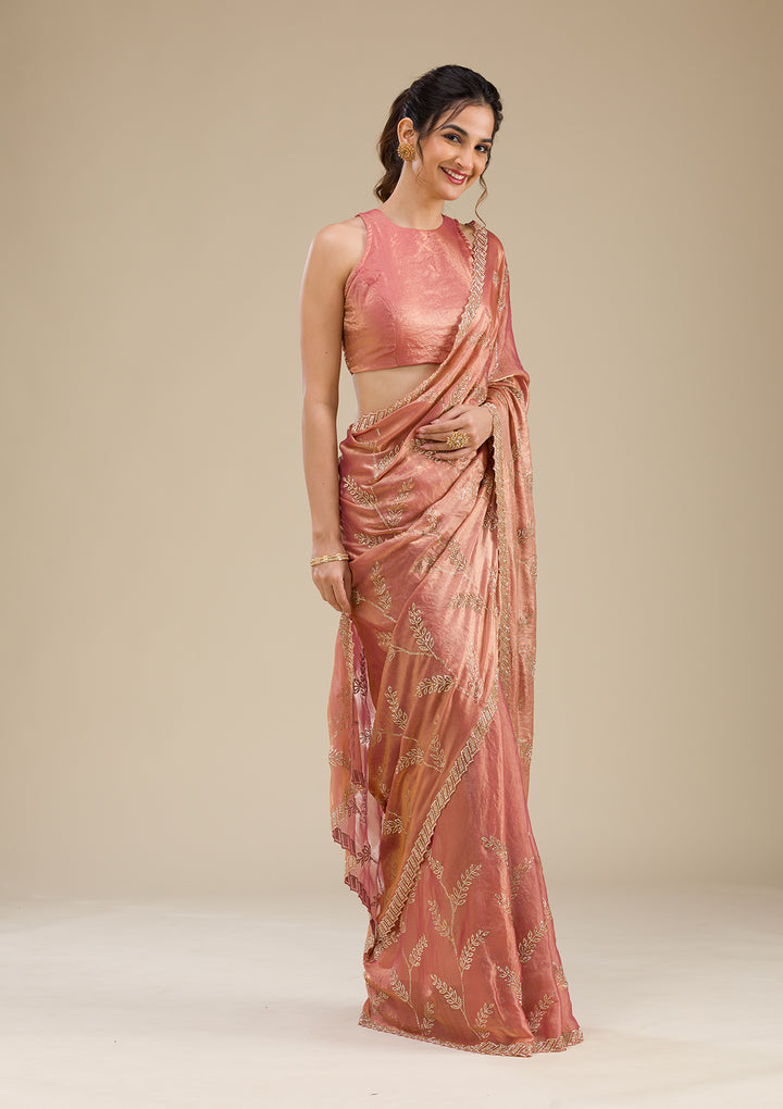 Peach Stonework Tissue Saree