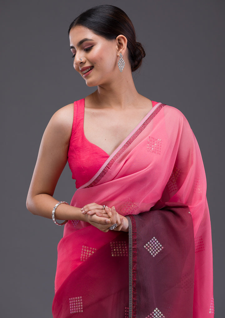 Peach Satin Swarovski Saree With Matching Blouse Piece