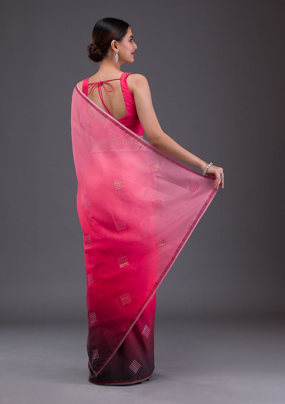 Peach Satin Swarovski Saree With Matching Blouse Piece
