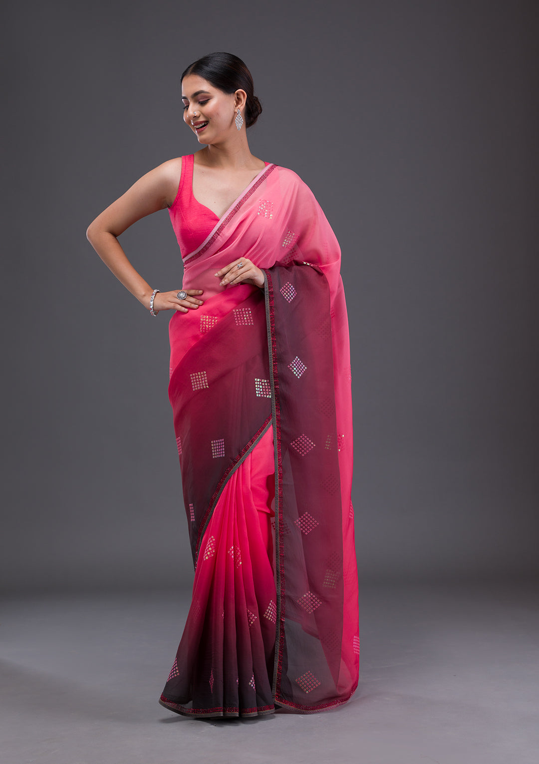 Peach Satin Swarovski Saree With Matching Blouse Piece