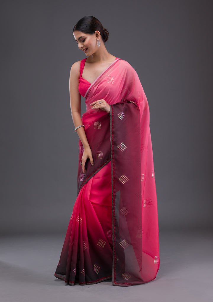 Peach Satin Swarovski Saree With Matching Blouse Piece