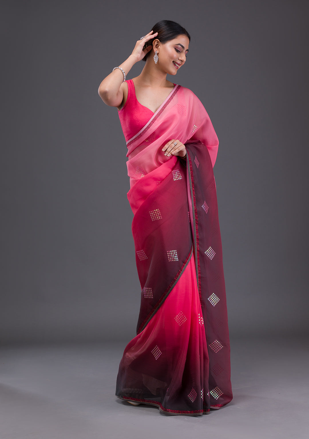 Peach Satin Swarovski Saree With Matching Blouse Piece