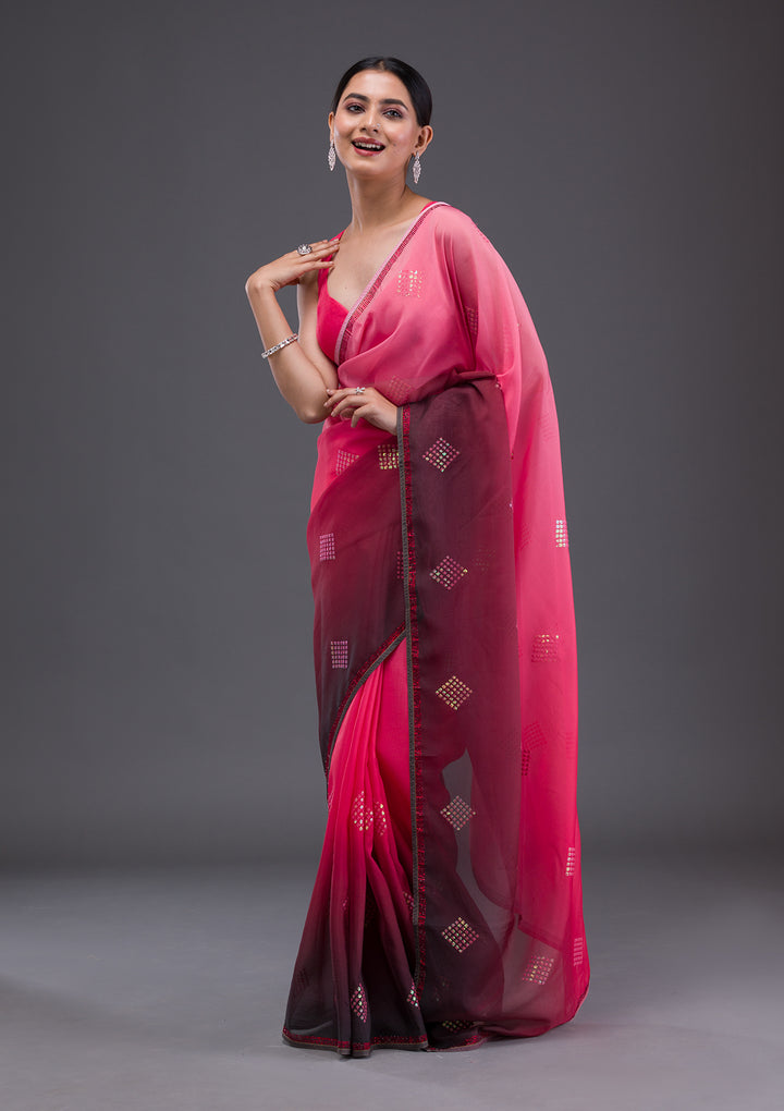 Peach Satin Swarovski Saree With Matching Blouse Piece
