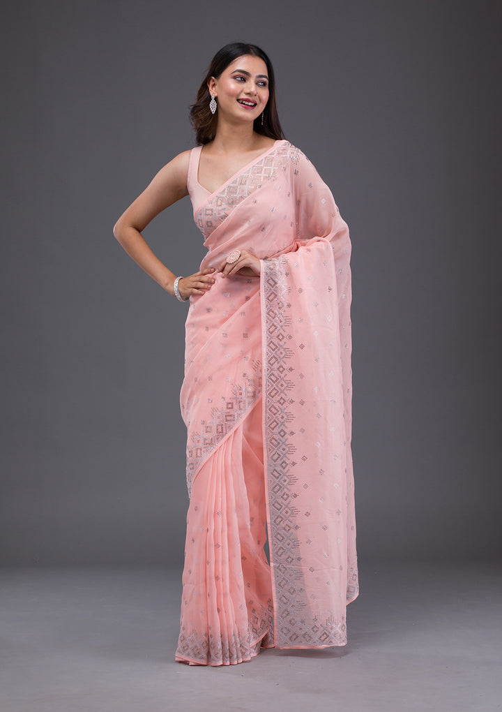 Peach Satin Swarovski Saree With Matching Blouse Piece
