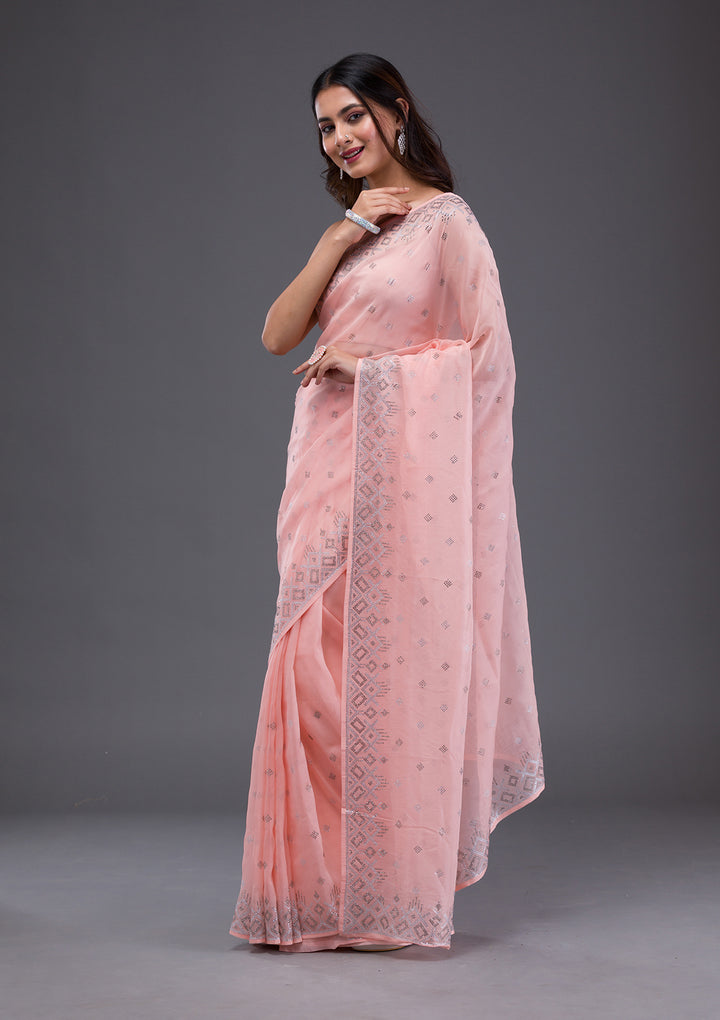 Peach Satin Swarovski Saree With Matching Blouse Piece