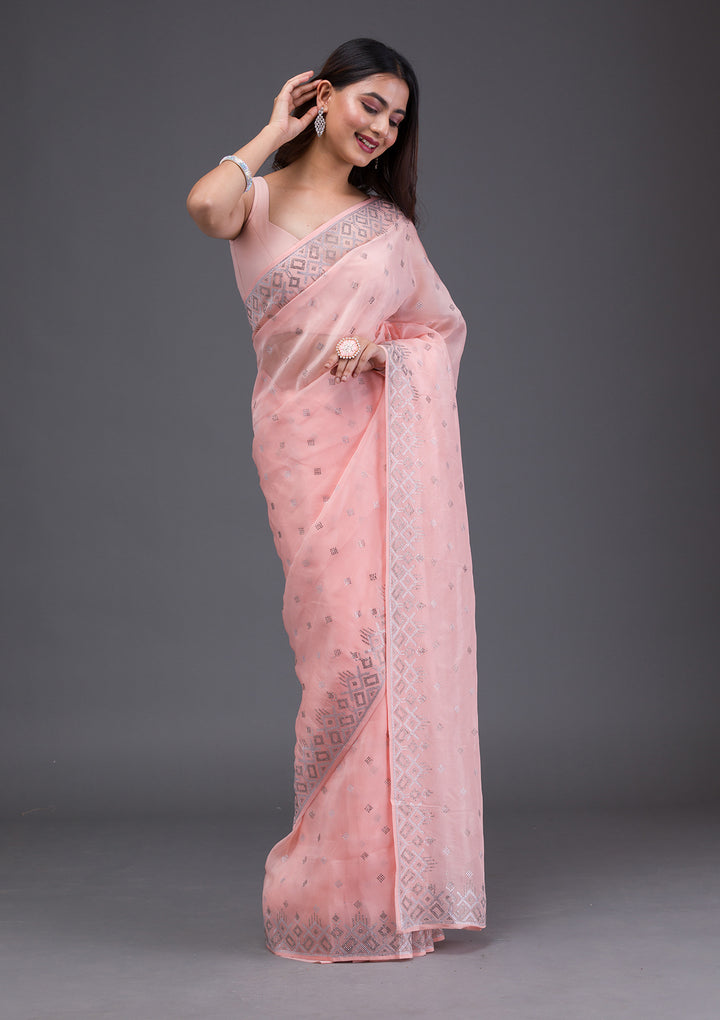 Peach Satin Swarovski Saree With Matching Blouse Piece