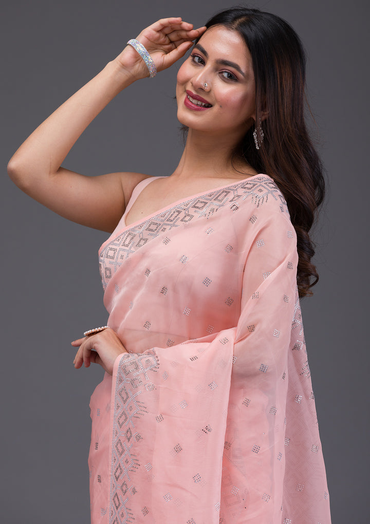 Peach Satin Swarovski Saree With Matching Blouse Piece