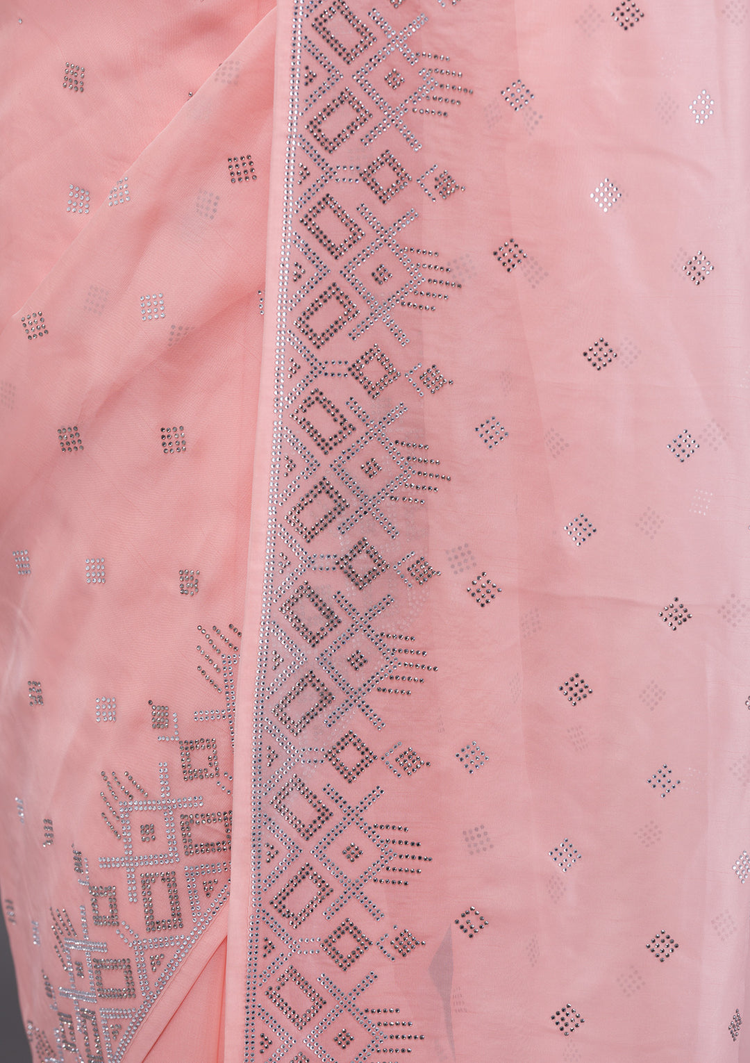 Peach Satin Swarovski Saree With Matching Blouse Piece