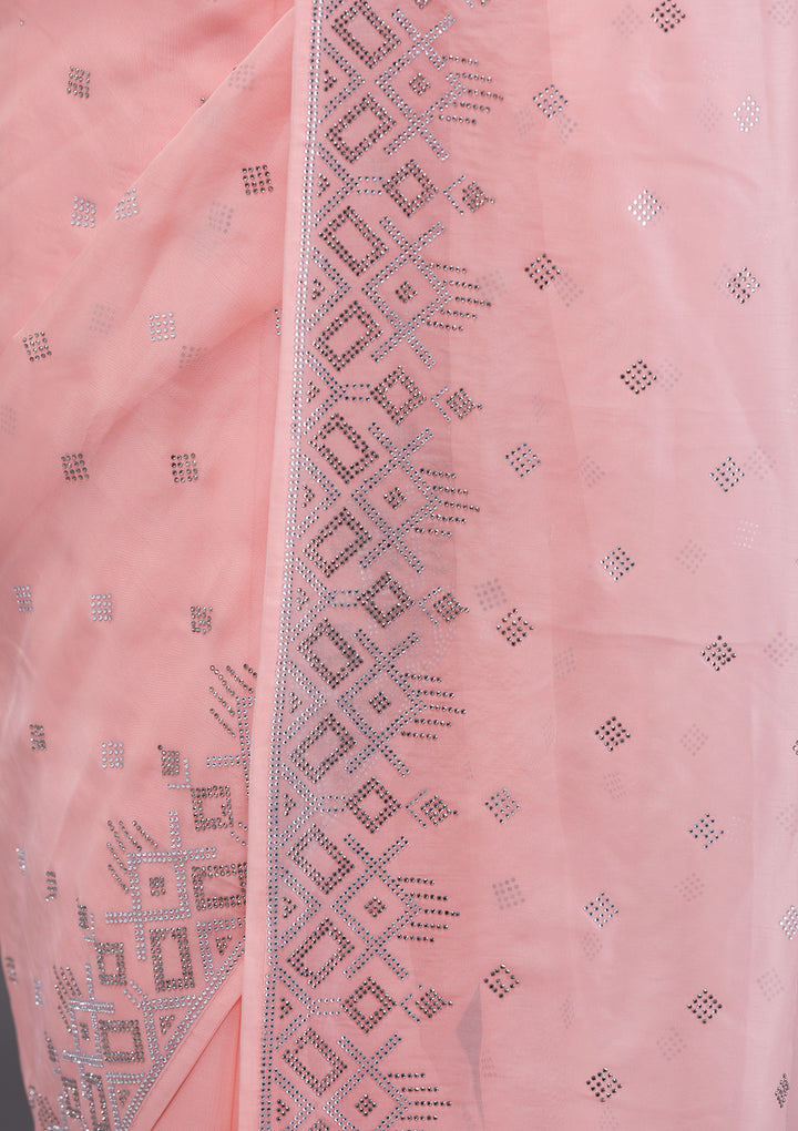 Peach Satin Swarovski Saree With Matching Blouse Piece