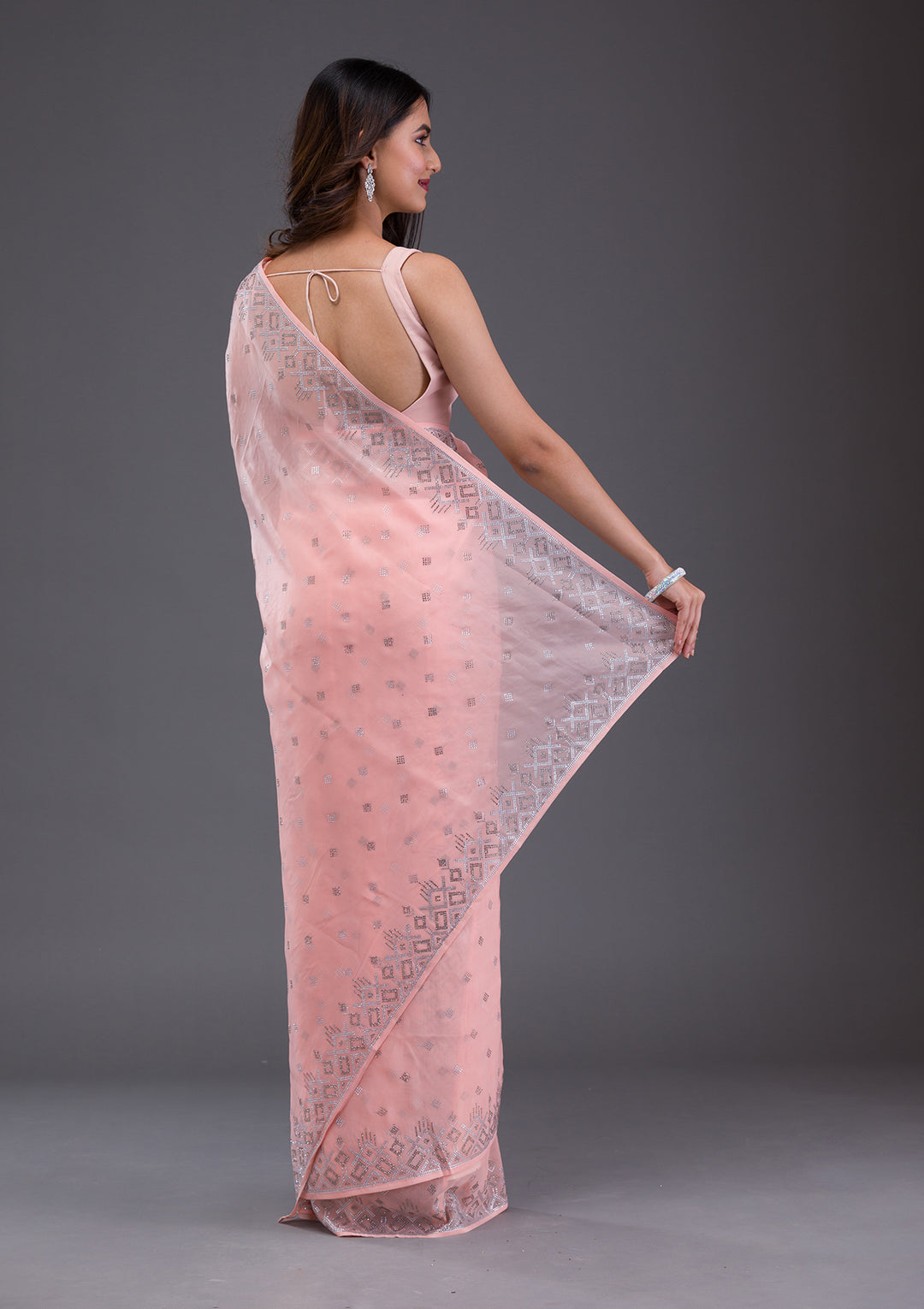 Peach Satin Swarovski Saree With Matching Blouse Piece