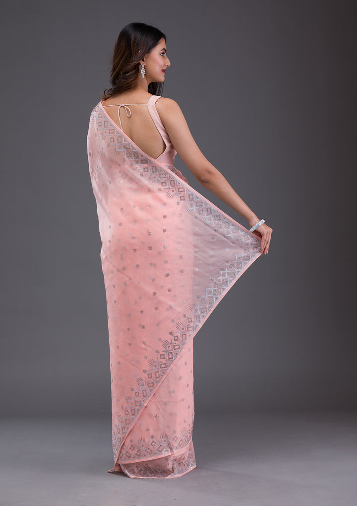 Peach Satin Swarovski Saree With Matching Blouse Piece
