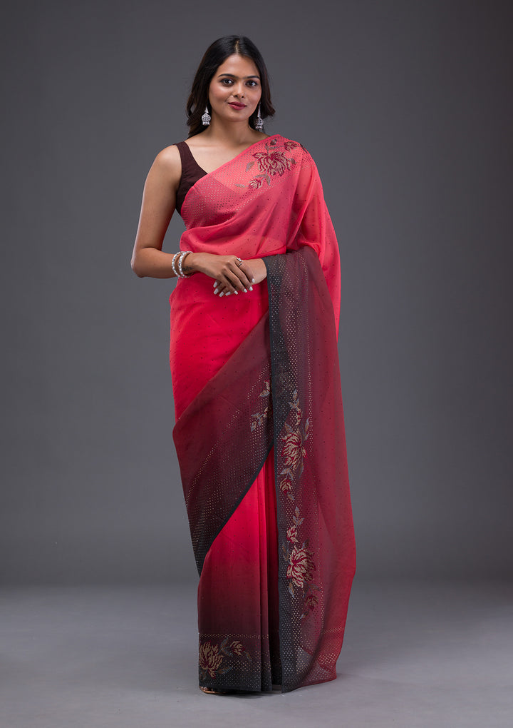 Peach Swarovski Satin Saree