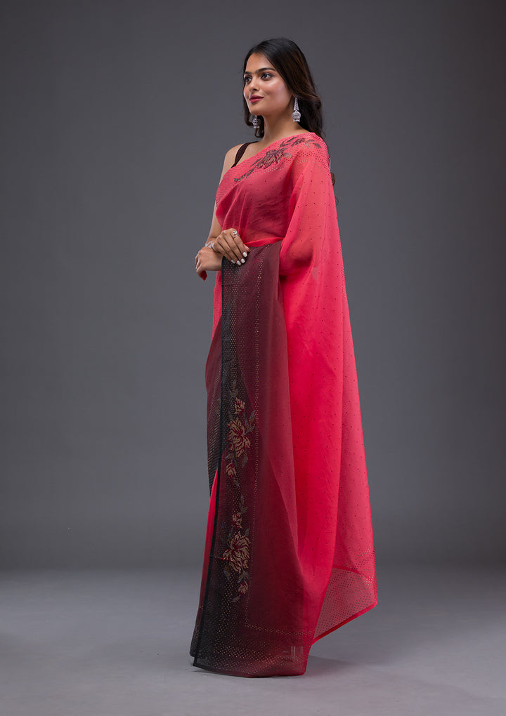 Peach Swarovski Satin Saree