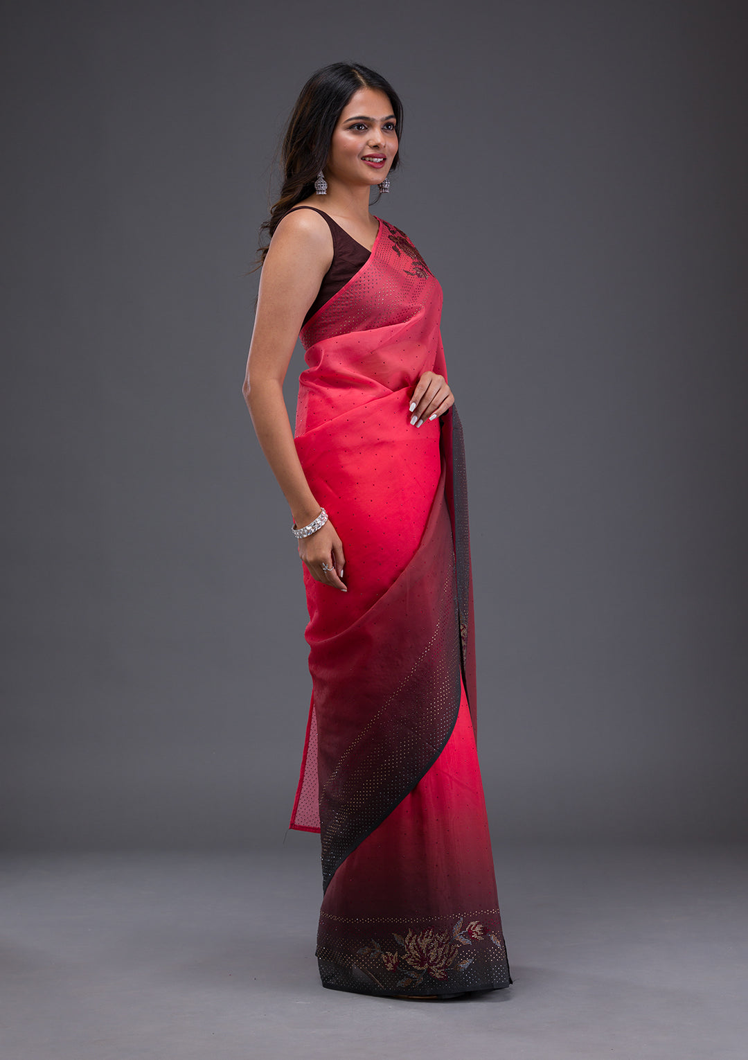 Peach Swarovski Satin Saree
