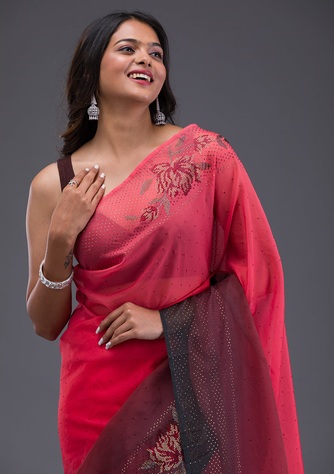 Peach Swarovski Satin Saree