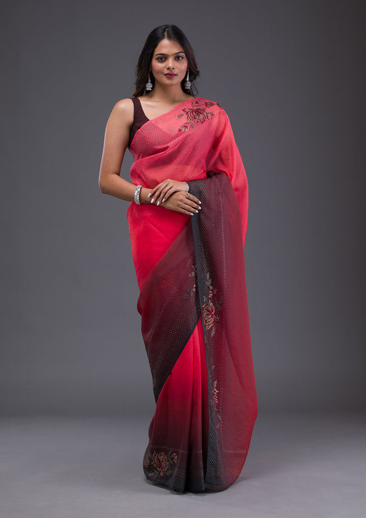 Peach Swarovski Satin Saree