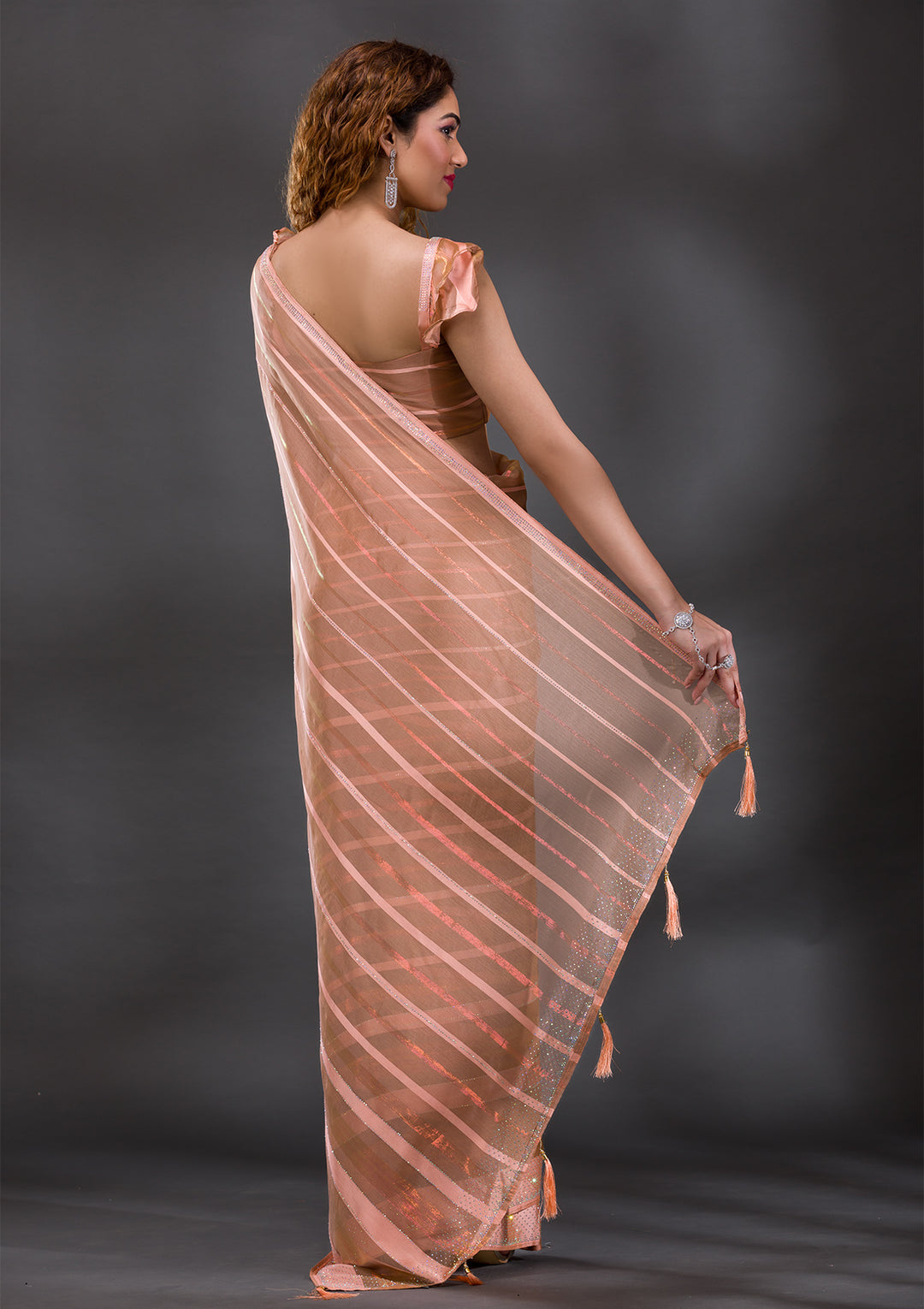 Peach Georgette Swarovski Saree With Matching Blouse Piece