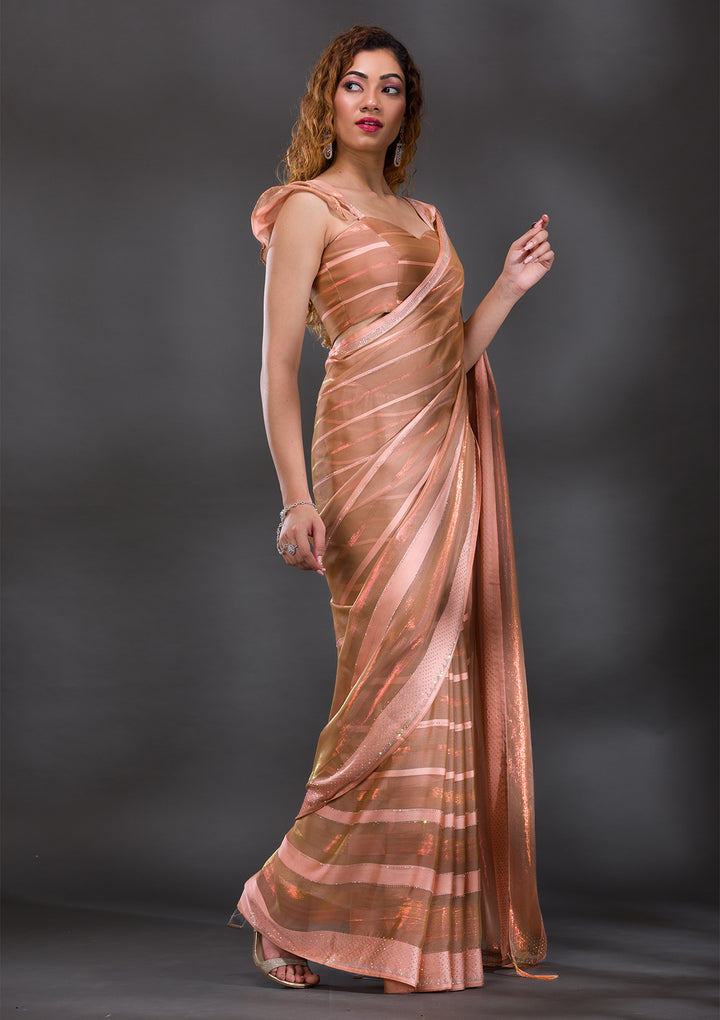 Peach Georgette Swarovski Saree With Matching Blouse Piece
