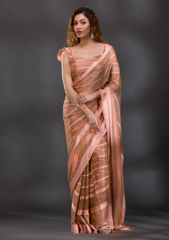 Peach Georgette Swarovski Saree With Matching Blouse Piece