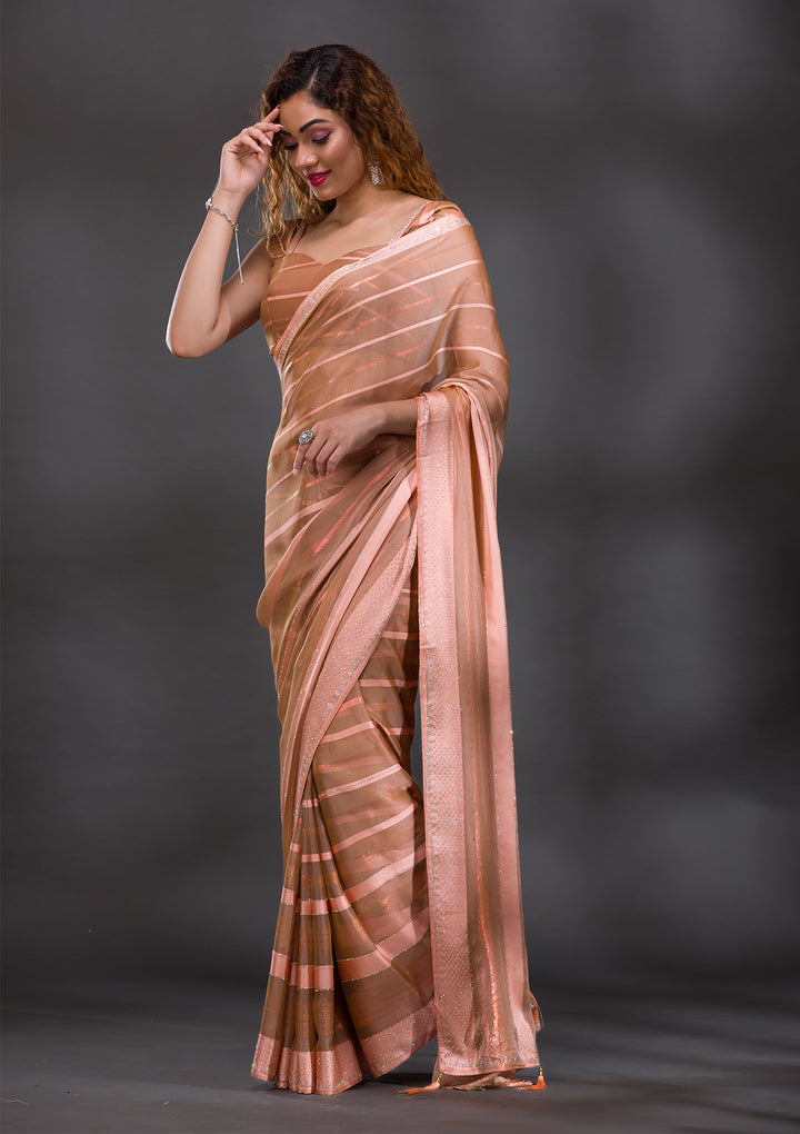 Peach Georgette Swarovski Saree With Matching Blouse Piece