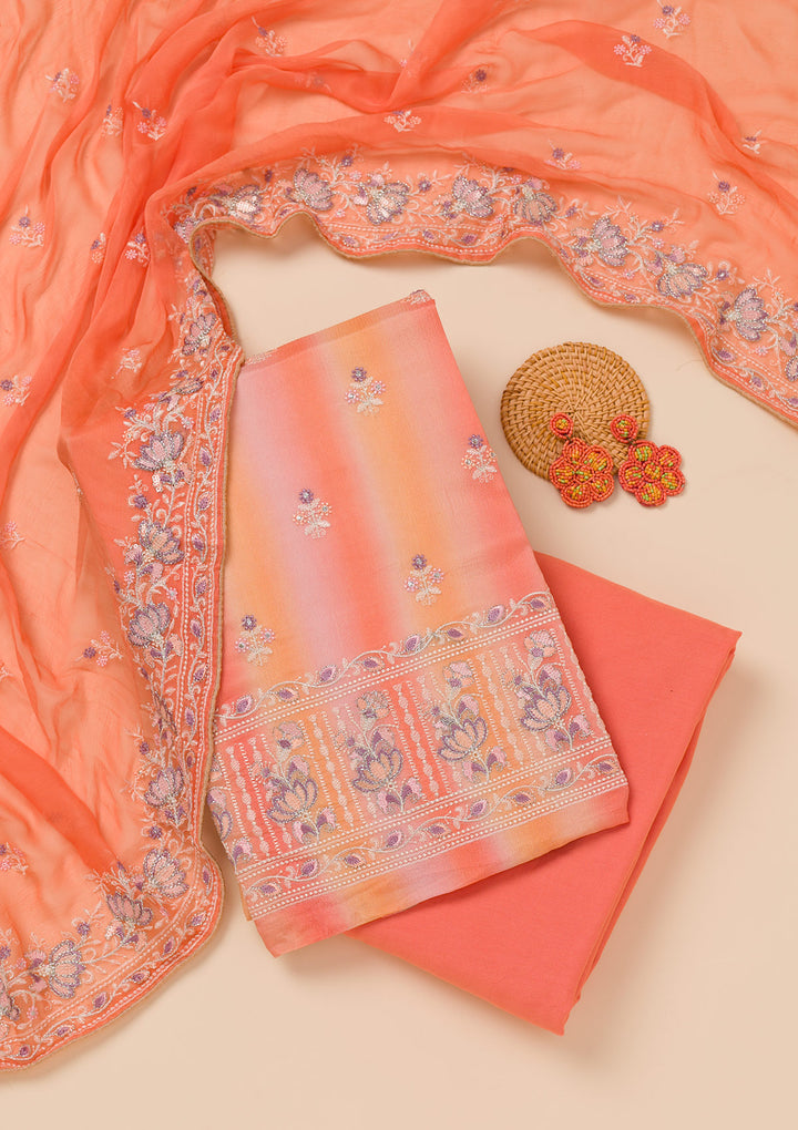 Peach Threadwork Chiffon Unstitched Salwar Suit