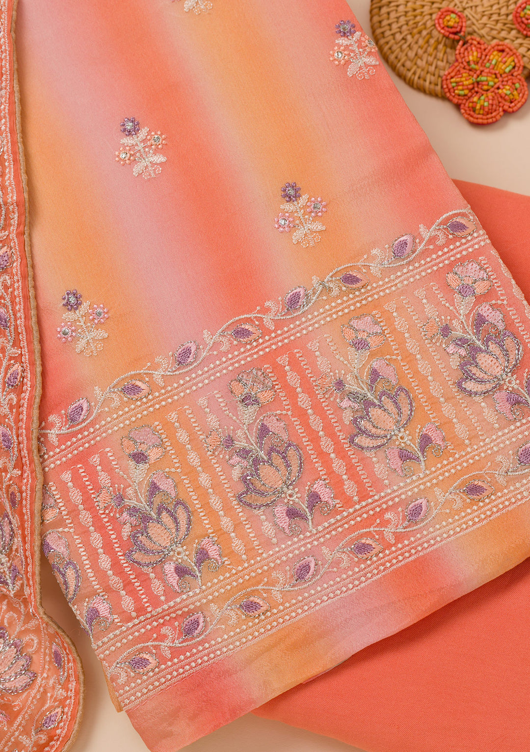 Peach Threadwork Chiffon Unstitched Salwar Suit
