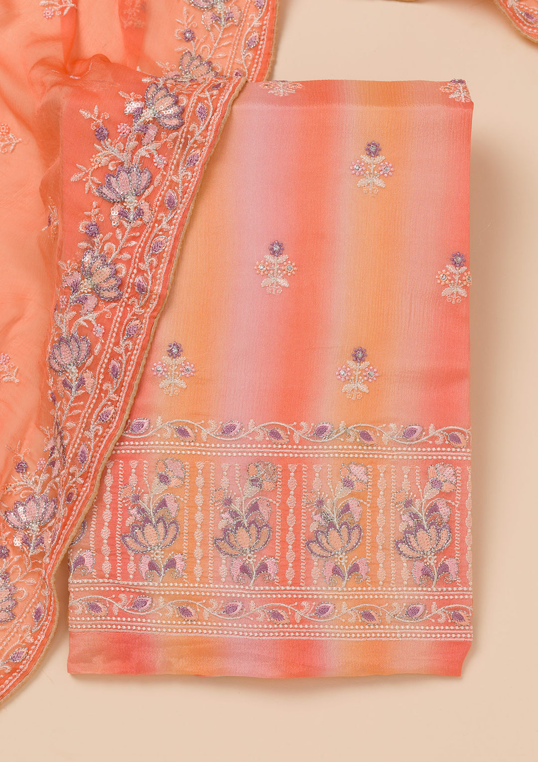Peach Threadwork Chiffon Unstitched Salwar Suit
