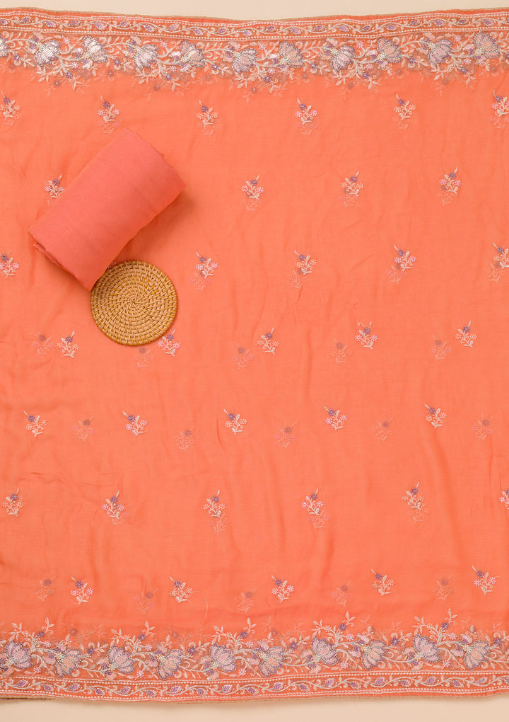 Peach Threadwork Chiffon Unstitched Salwar Suit
