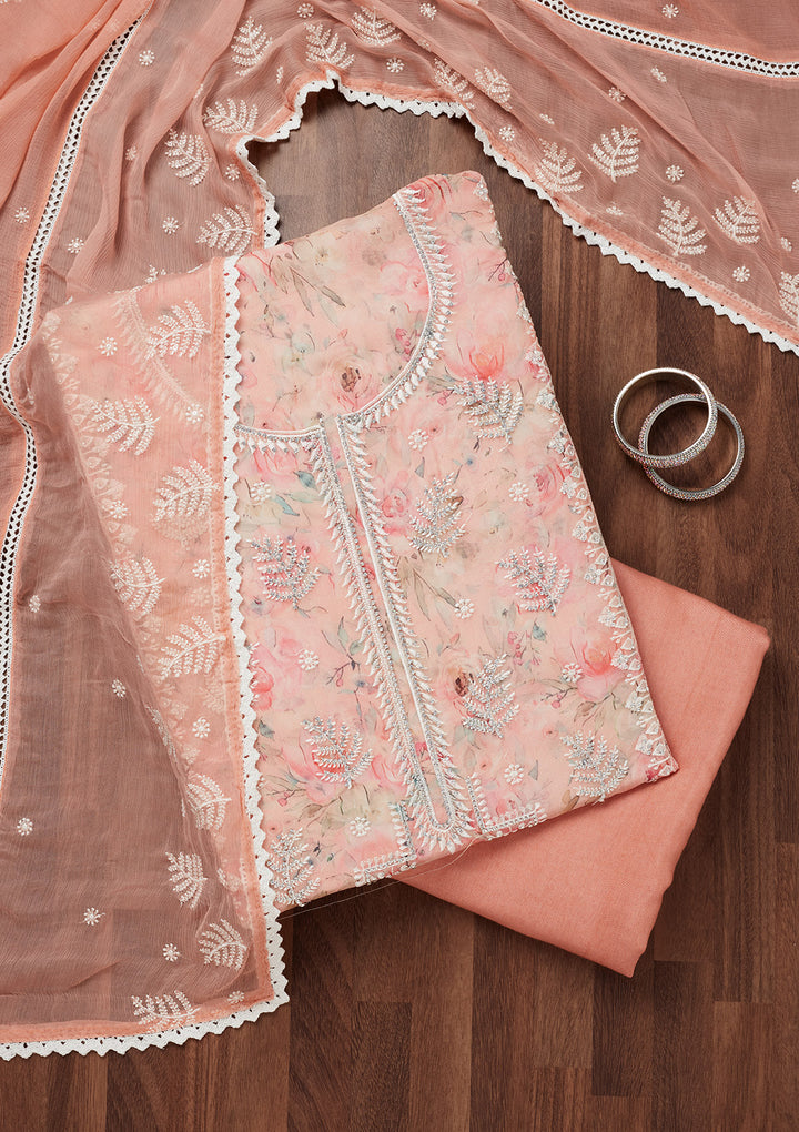 Peach Threadwork Georgette Unstitched Salwar Suit