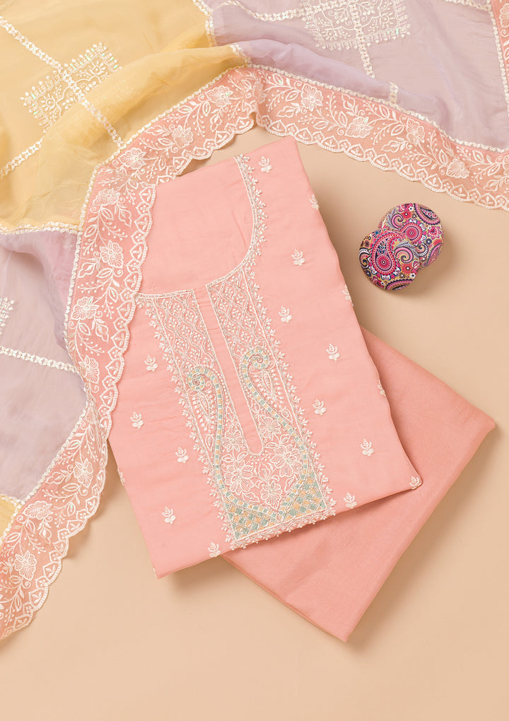 Peach Tissue Threadwork Unstitched Dress Material With Matching Bottom And Dupatta